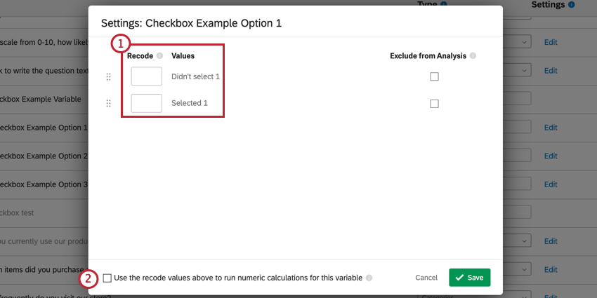 the recode editor for a checkbox variable