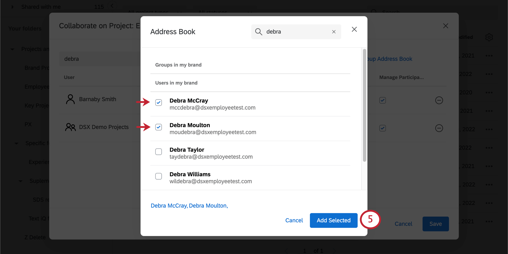 A list of groups and users. Two are selected. In the bottom-right is the Add Selected button