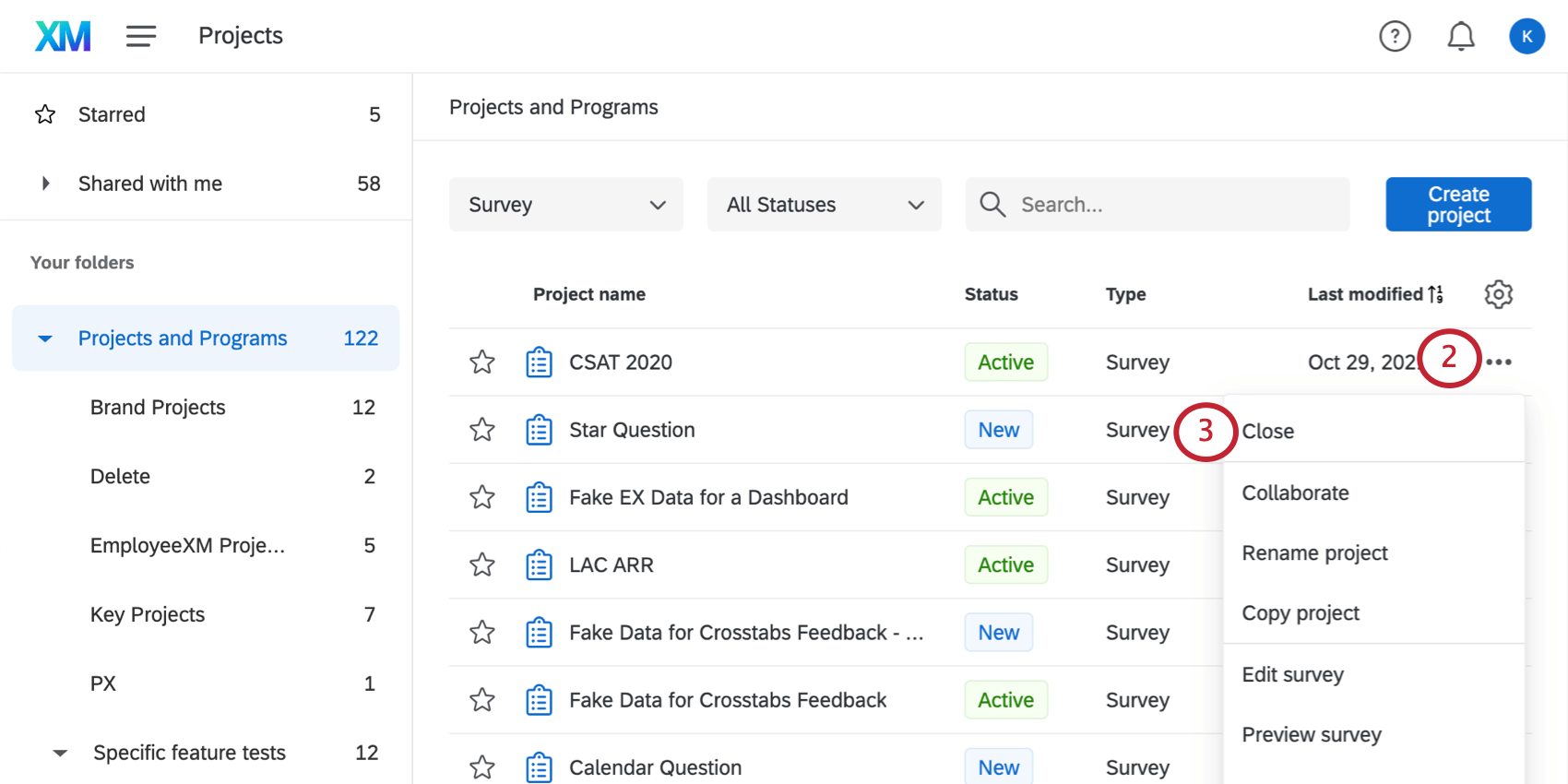 the projects page. selecting the project options for an open project and selecting close