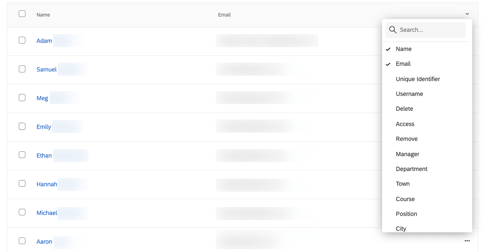 Columns of info about users. Down arrow dropdown with list of possible coluns