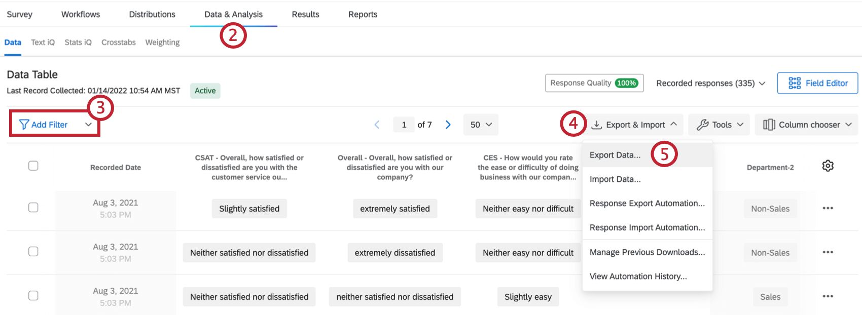 Export and Import dropdown with Export Data option in upper righthand corner