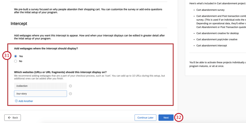 Survey settings for cart abandonment