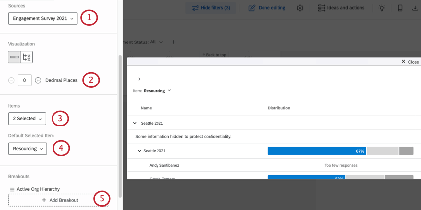 Comparison widget with widget editing pane open to the left