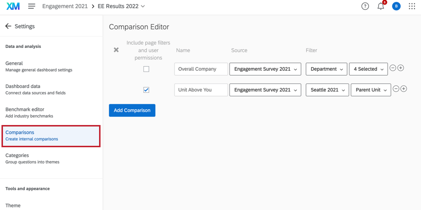 the comparisons section of dashboard settings