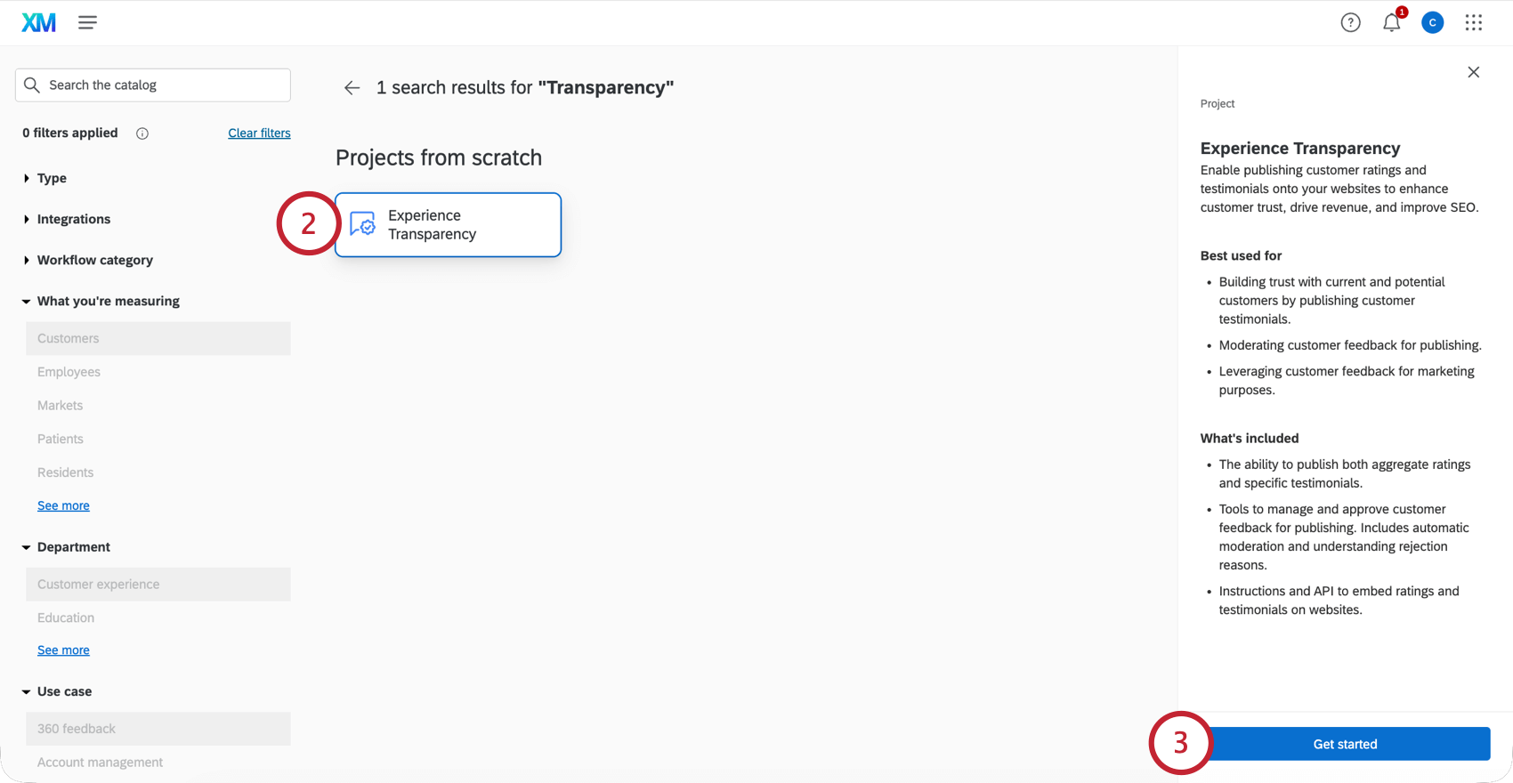 searching for experience transparency project in the catalog