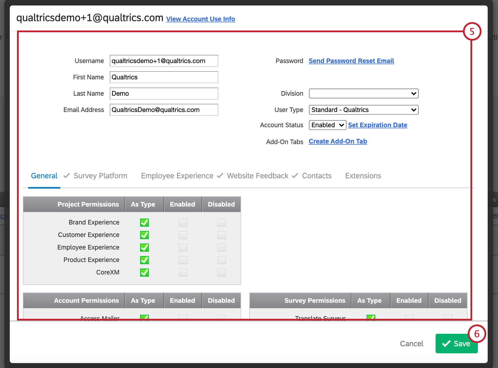 Window that opens with the user settings