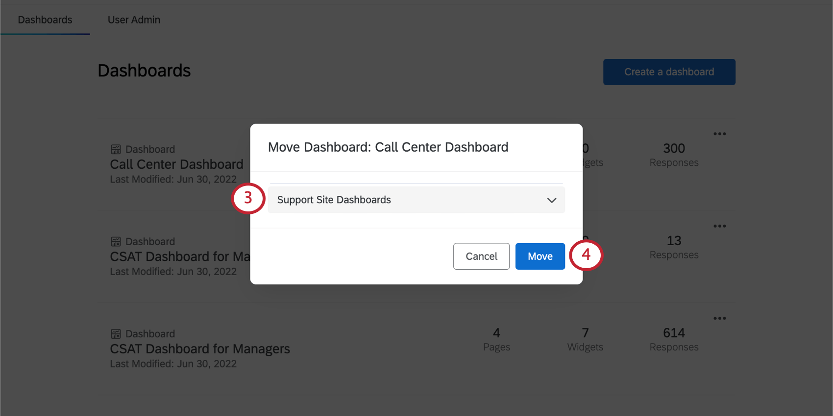 New window where you select a dashboard project and confirm the selection