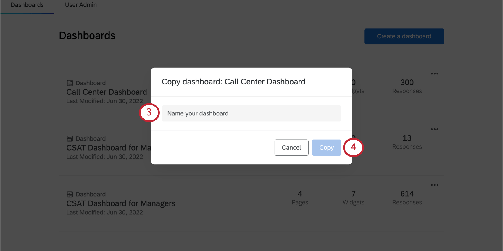 Copy dashboard window that opens over the page