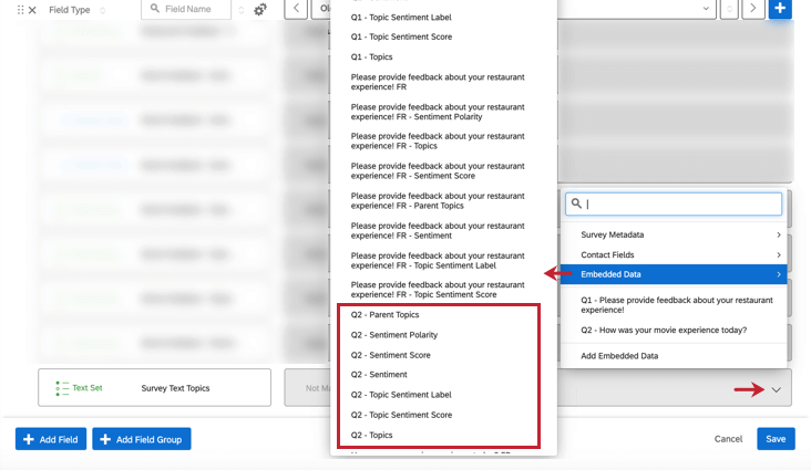 Mapping a new field in dashboard data, and pulling open menus to select text analysis fields