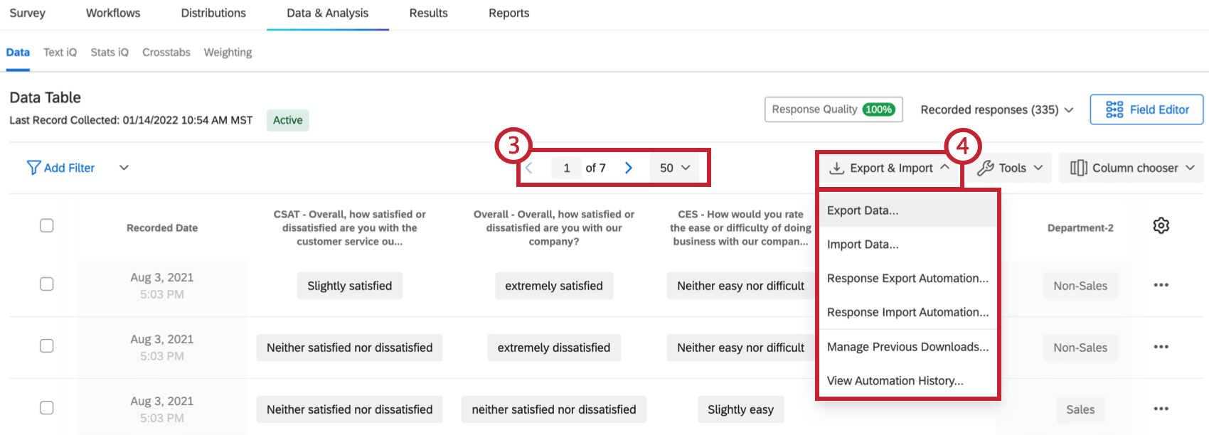 navigating through pages of responses & export/import button