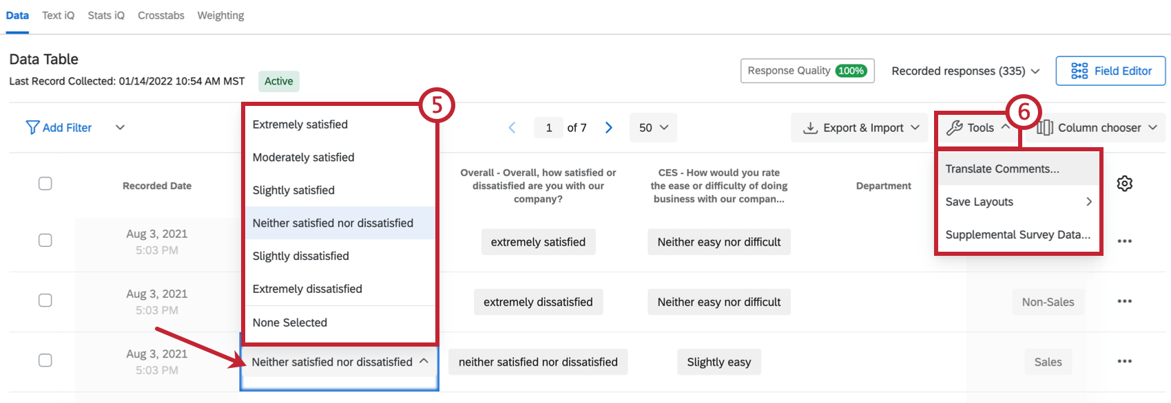 image of the data tab. The tools dropdown in the top right is expanded