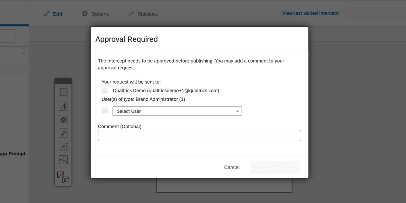 Approval Required window; the user must request approval to publish