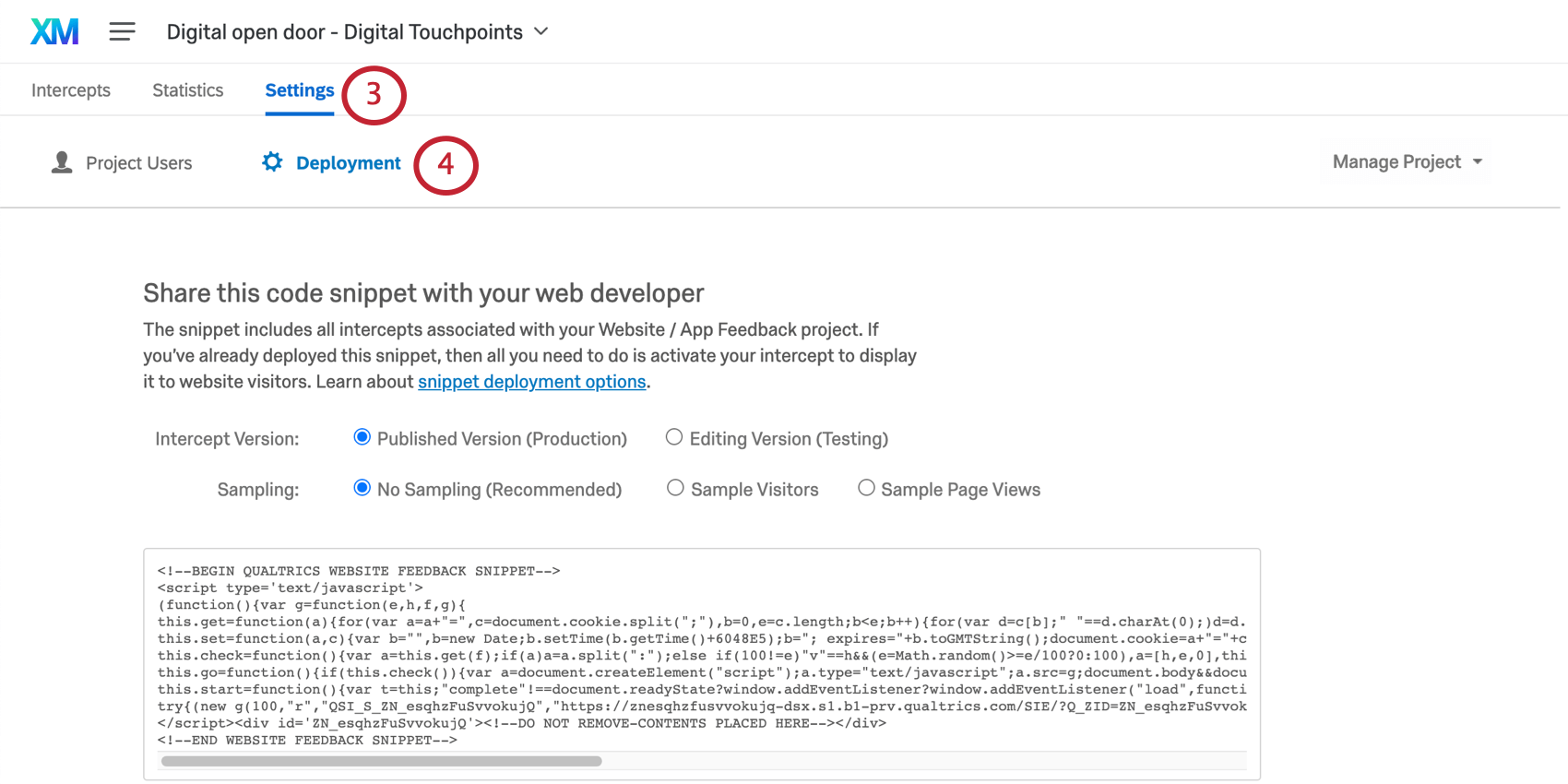 Settings tab of website app feedback project