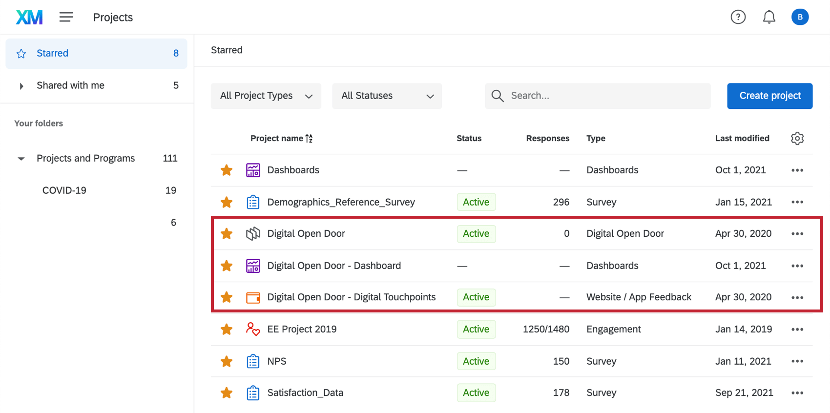 Picture of digital touchpoints pages on the projects page. There are three - one is labelled a website app feedback, one is a dashboard, and one is labeled just as the digital open door, which itself is the survey