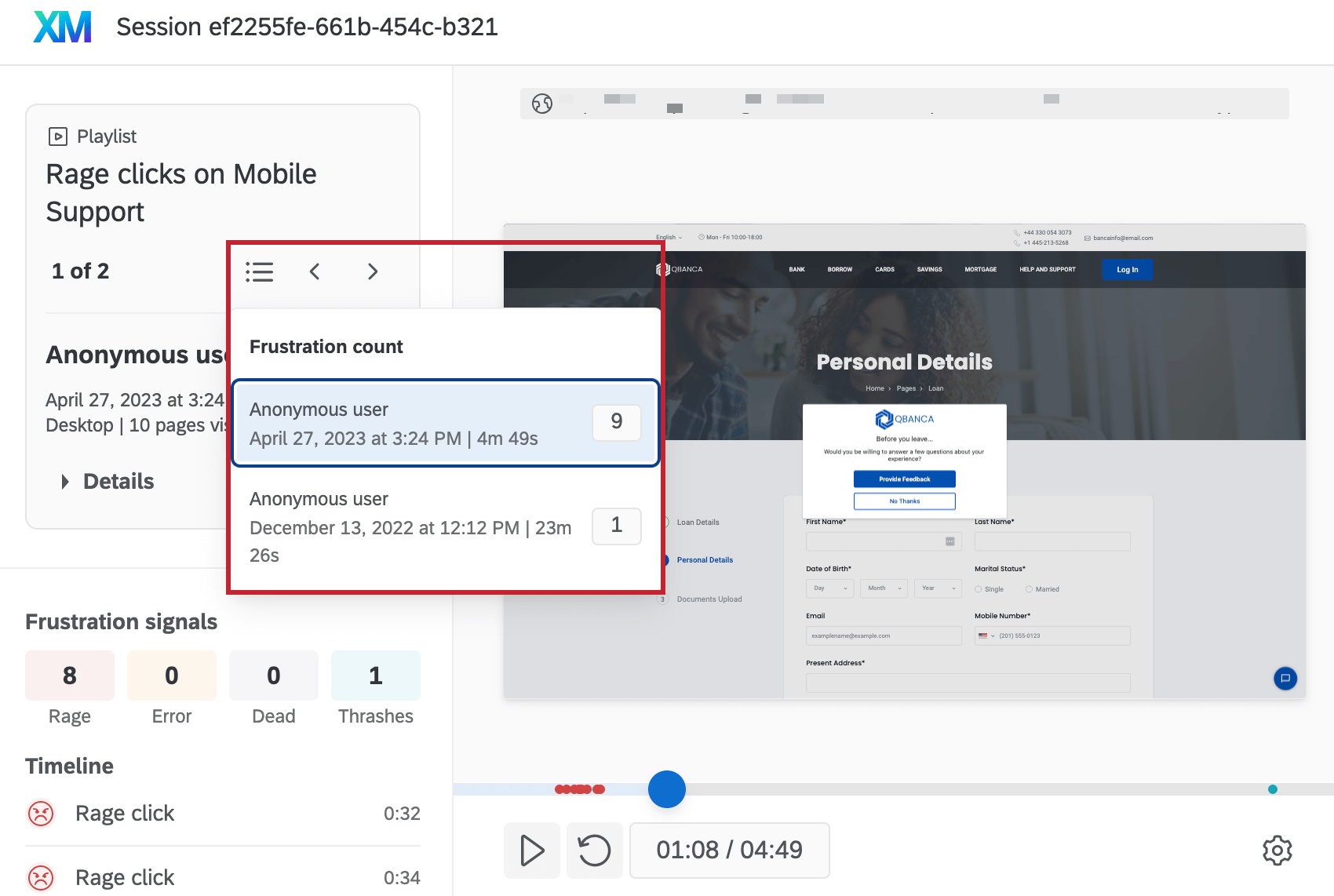 session replay playlist within the widget