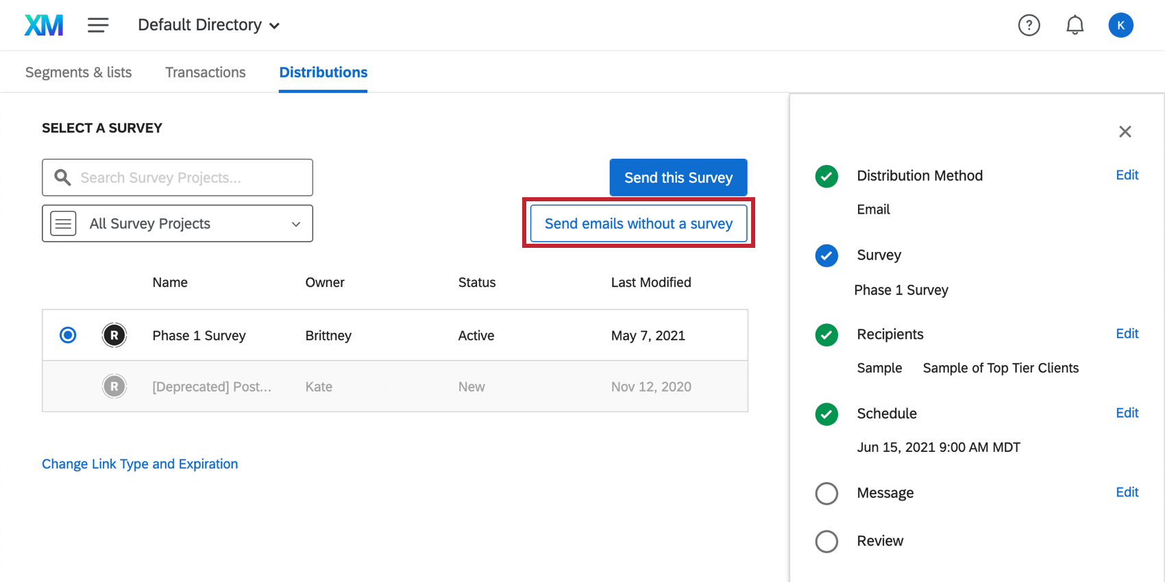 Screen where you select a survey