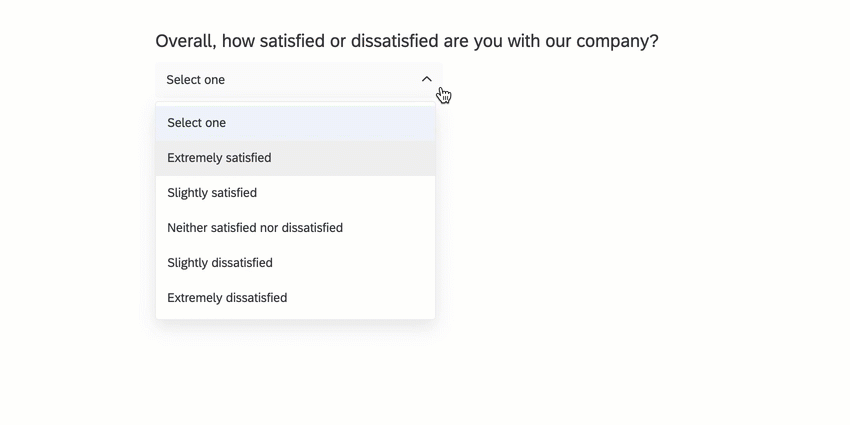 Gif of cursor clicking on dropdown menu titled 'Overall, how satisfied or dissatisfied are you with our company'