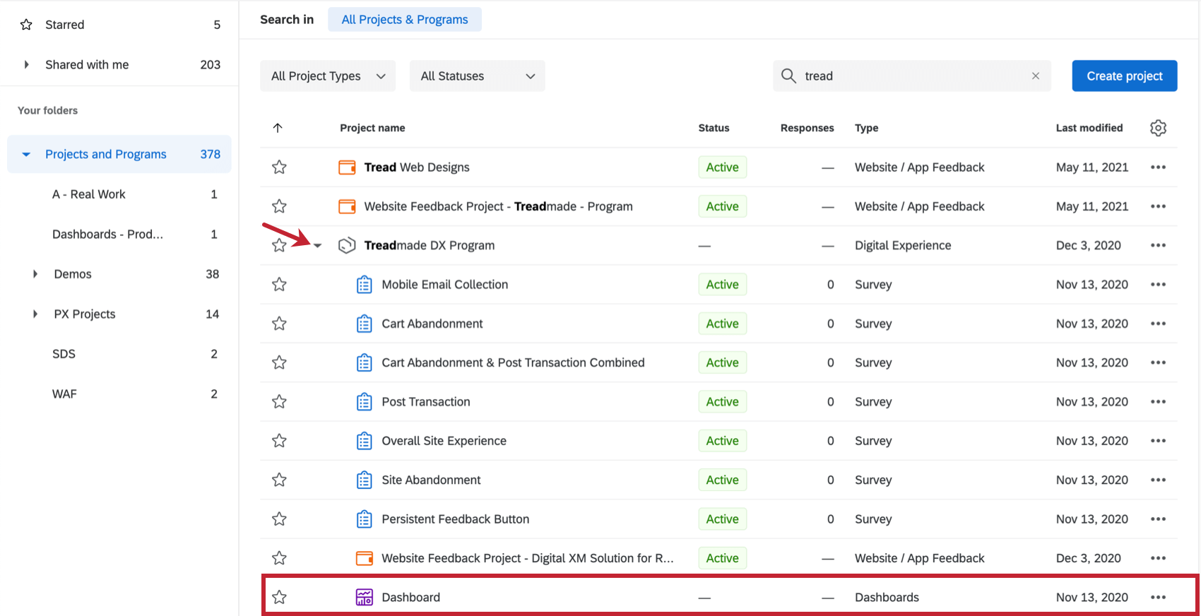 Image of program located on a projects page, expanded to show a bunch of surveys, dashboards, and website / app feedback projects indented underneath it