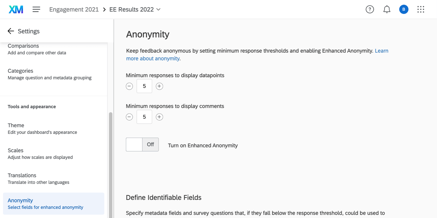 Anonymity section of dashboard settings