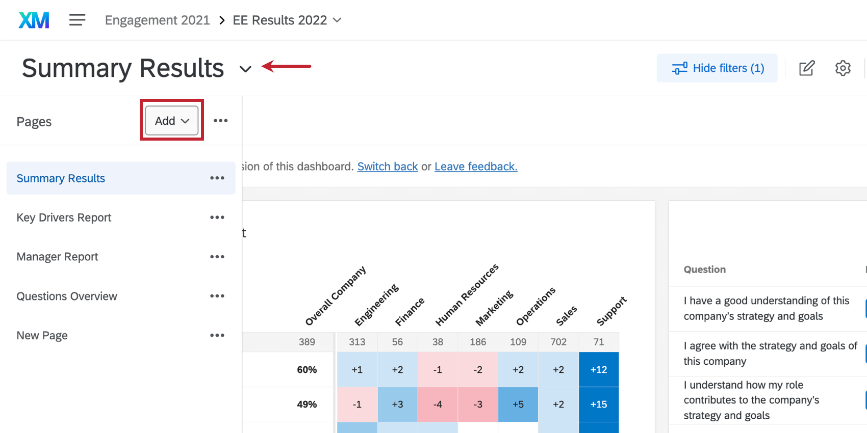Image of when clicking Add Page button on the left hand side of the dashboard