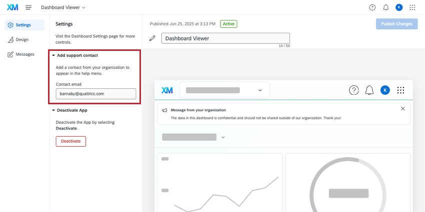 a dashboard viewer app is being edited. the settings tab is open. in that tab, add support contact is expanded, and a contact email is filled out