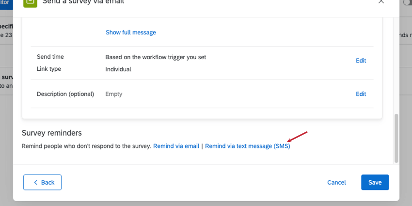 Screenshot of send survey via email task, with text at the bottom of the email summary linking to email and SMS reminders