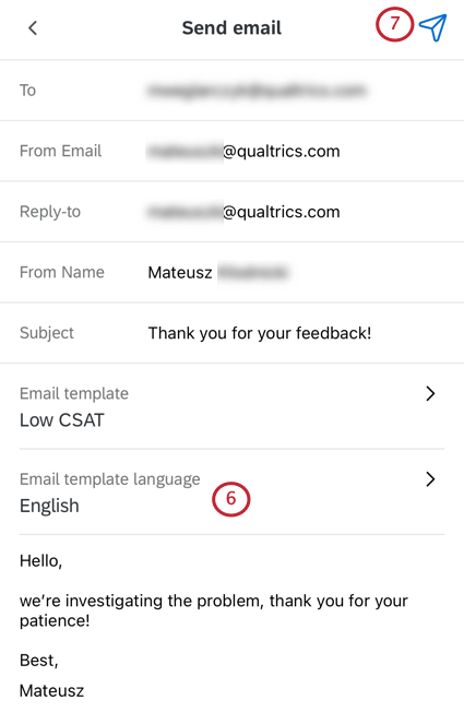 Email template language appears right below email template field; send button is in upper-right of screen