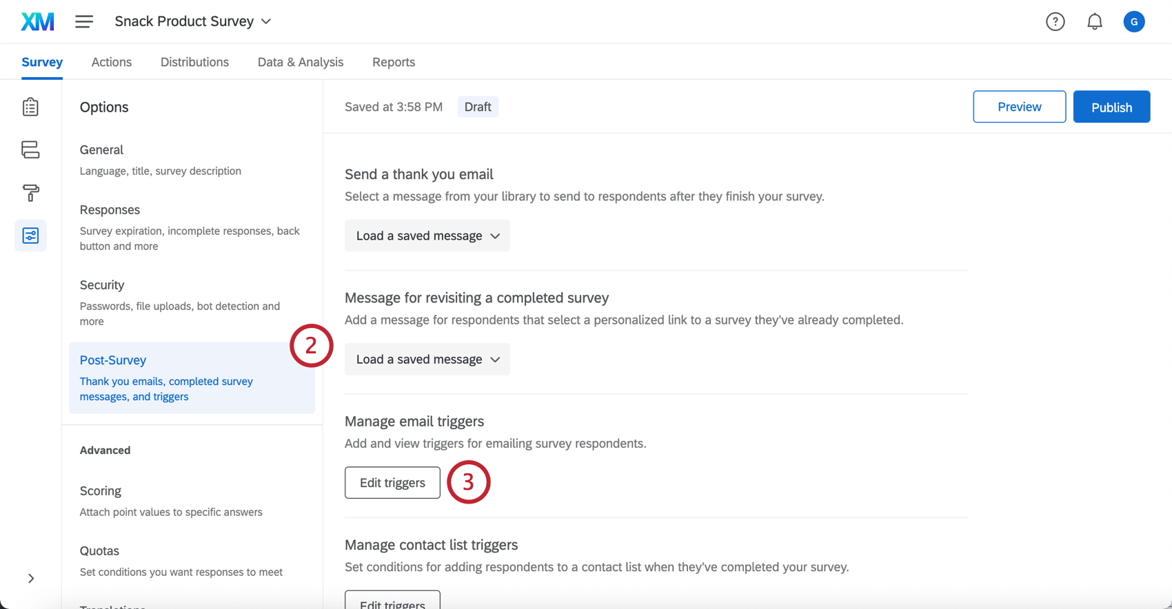Navigating to the Post-survey section of the survey options to get to the Edit triggers menu