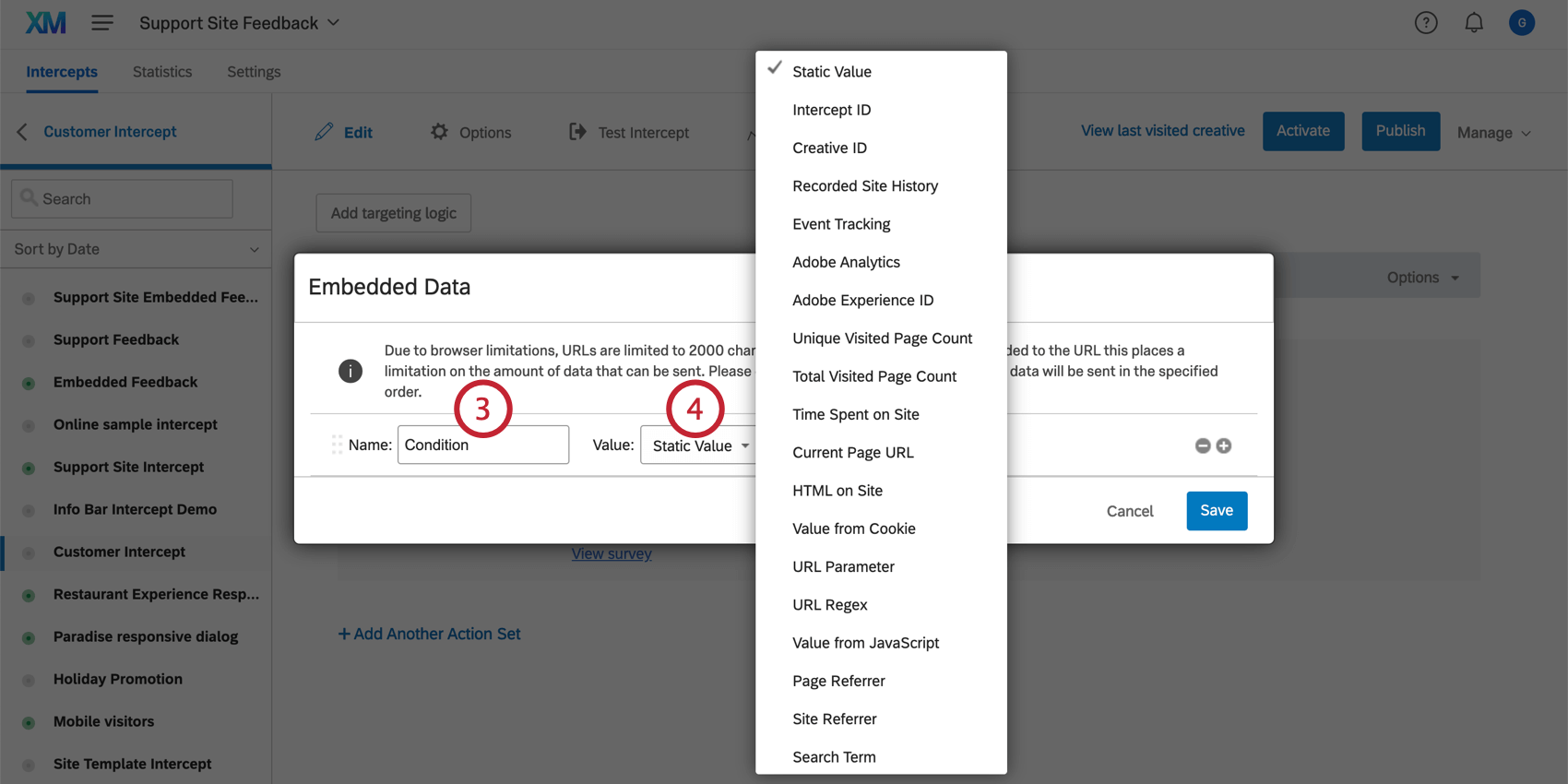 Naming an embedded data field in Website Feedback