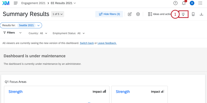 the insights button at the top of an ex dashboard