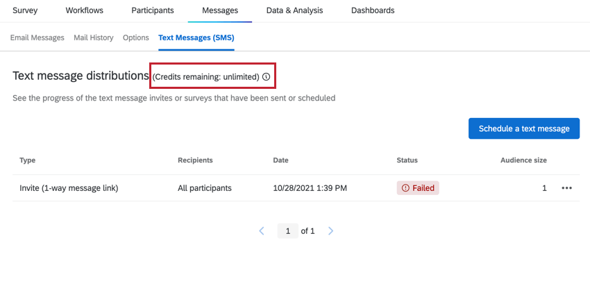 checking how many credits are available at the top of the text messages tab