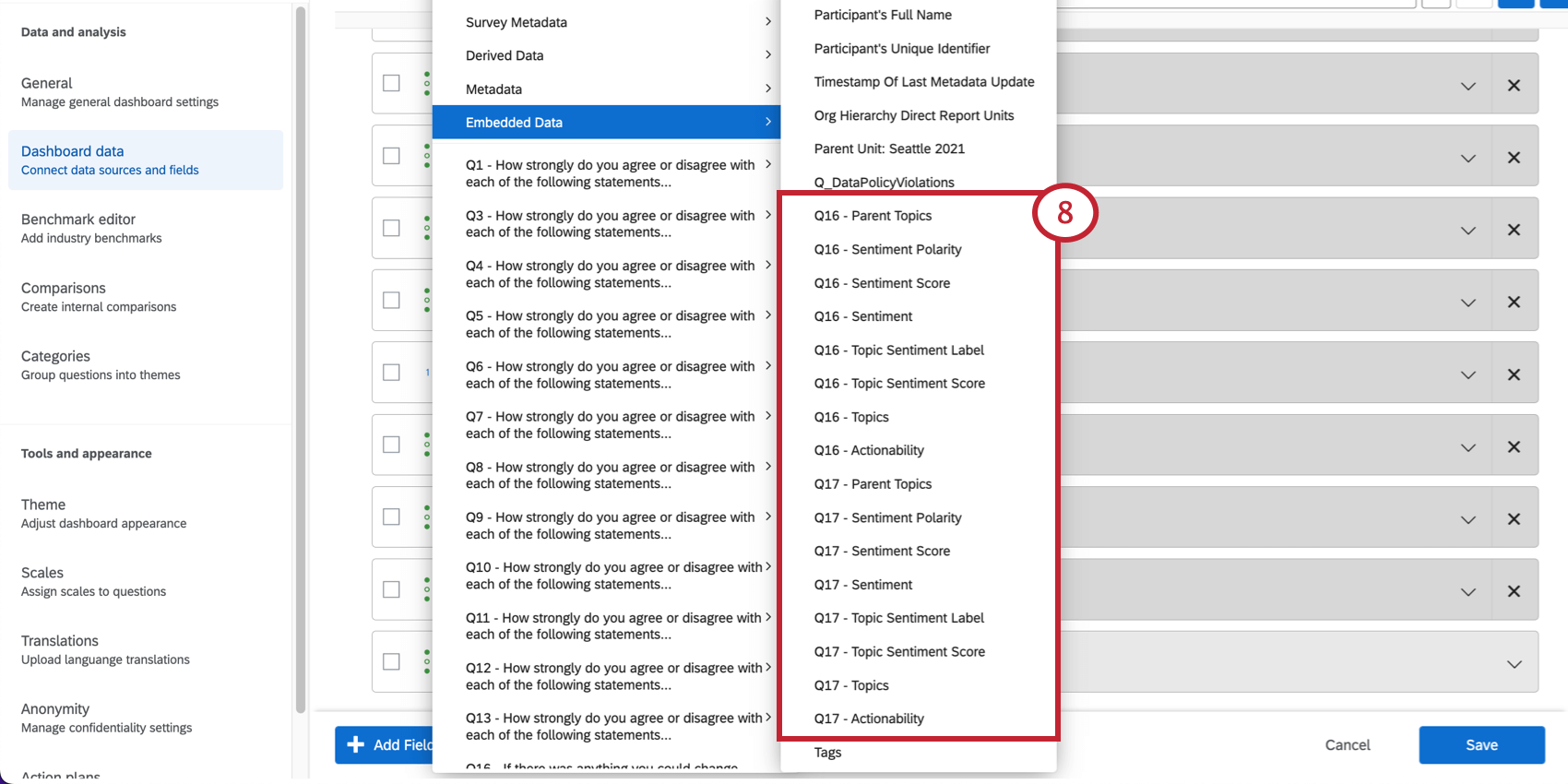 highlighting embedded data now shows many more options, including the text fields described