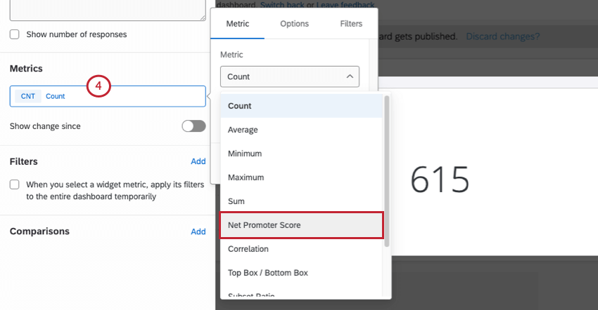 Green count button in the same metrics section of the widget editing pane