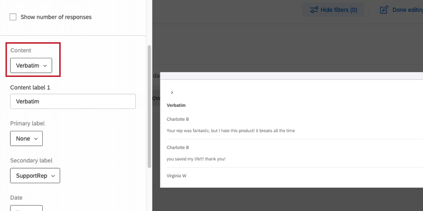 Once clicked into widget, editing pane opens to left, and theres a field dropdown called "Content"