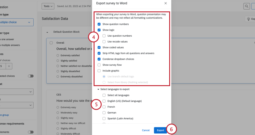 choosing export options and clicking Export