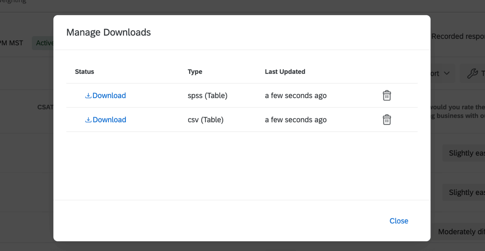 Manage Downloads menu with previous downloads available for re-download