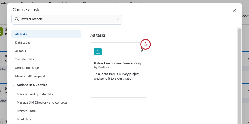 Screenshot window where you add a task, with "Extract responses from survey" searched up and highlighted