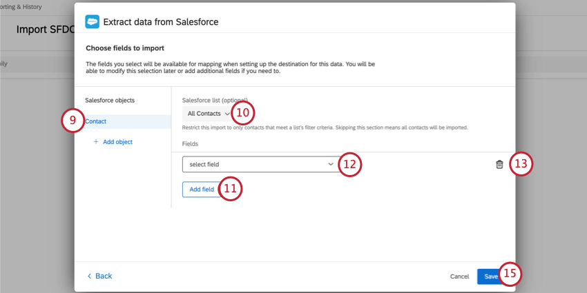 selecting fields from a contact object in salesforce to import
