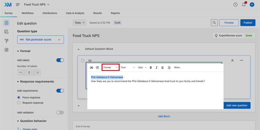 Format dropdown menu highlighted at the top of the Rich Content Editor