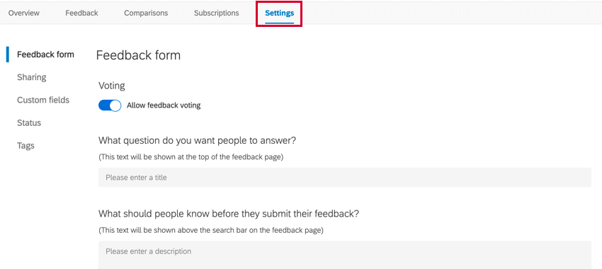 the settings tab of a frontline feedback project