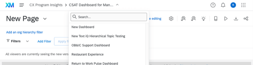 Dropdown list of dashboards inside the project
