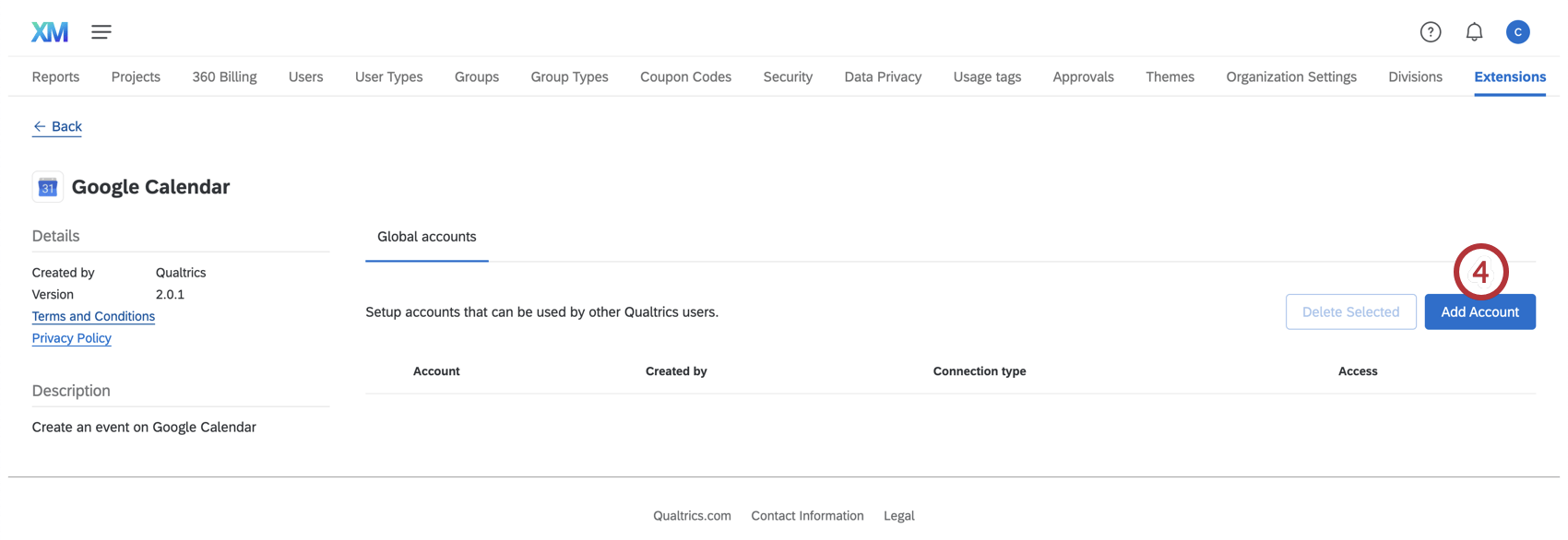 Google calendar extension overview with #4 next to "Add account" button