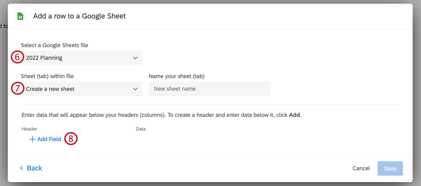 selecting a google sheets file and configuring data
