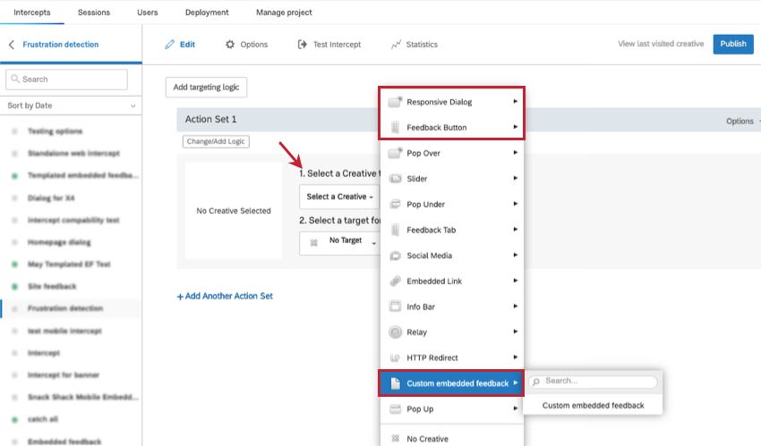 old intercept editor - select a creative dropdown expanded