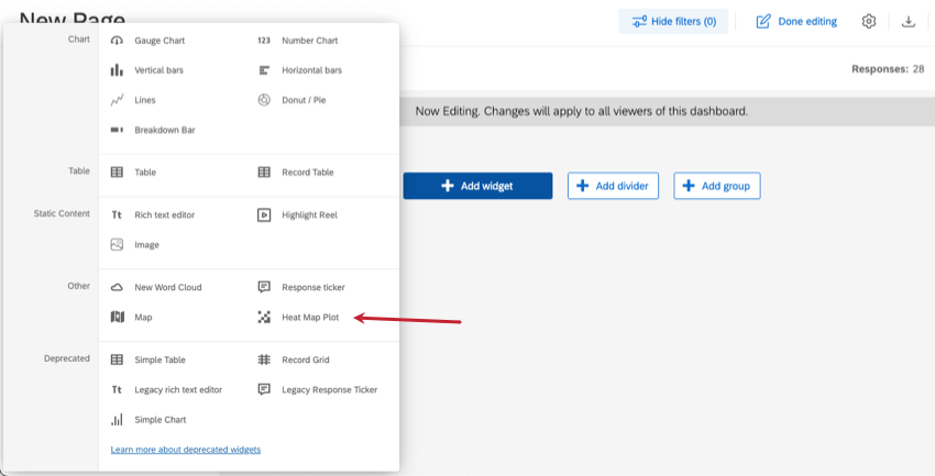 new widget menu expands from add widget button