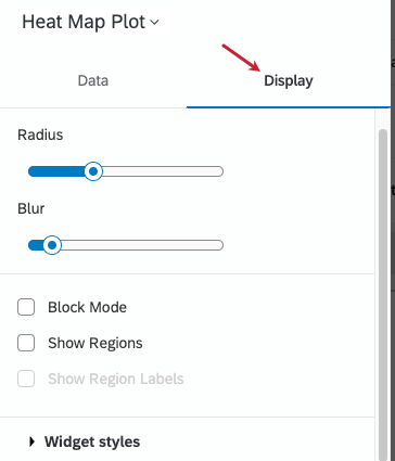 in editing pane of a widget, in data tab by default. image shows switching to display tab, so editing options change
