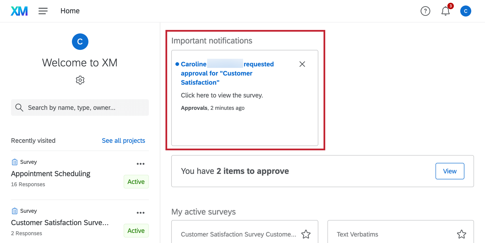 Homepage notification section