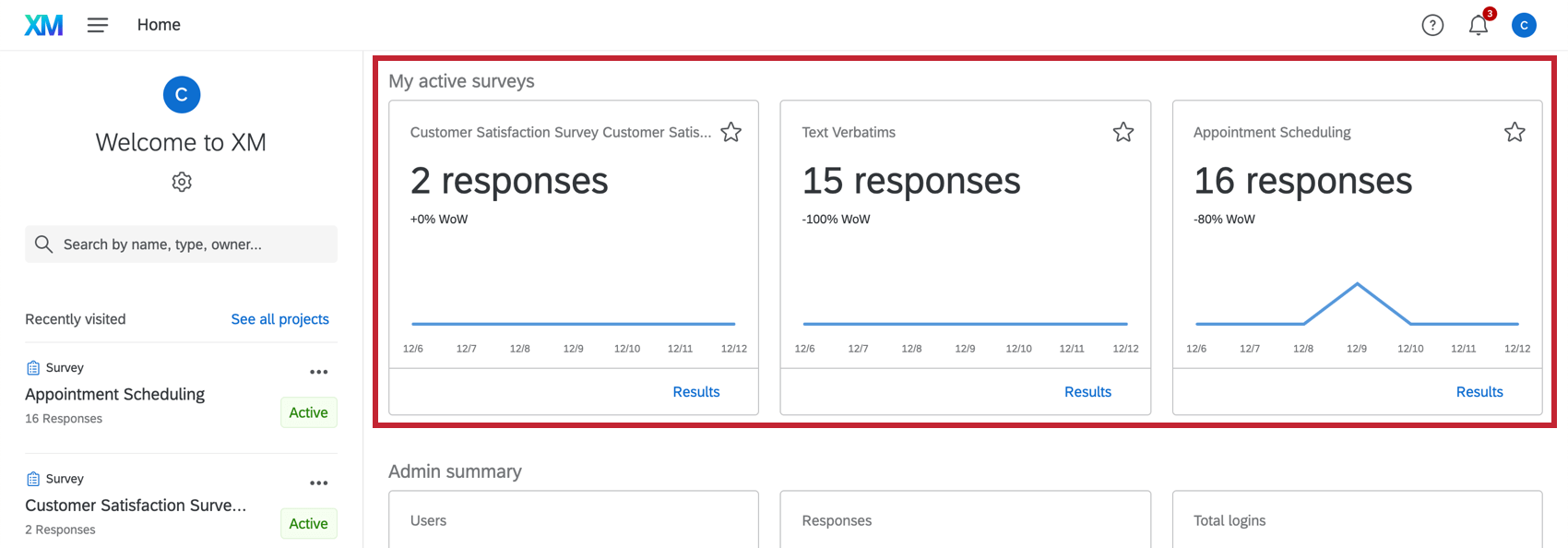 Homepage active surveys section