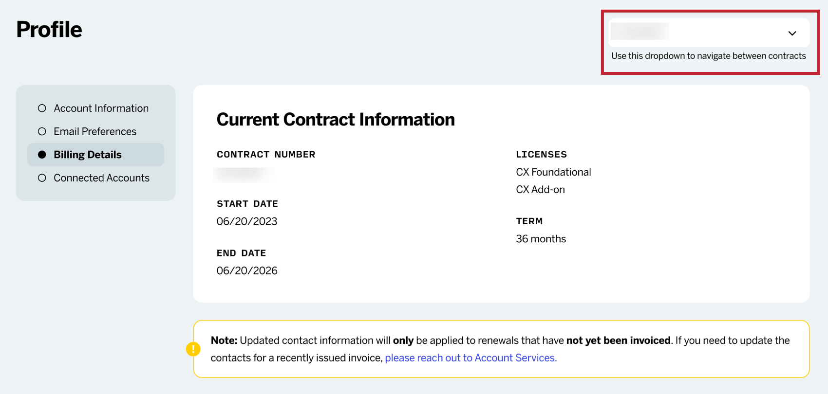 the contract dropdown located in the top right corner of the billing details page