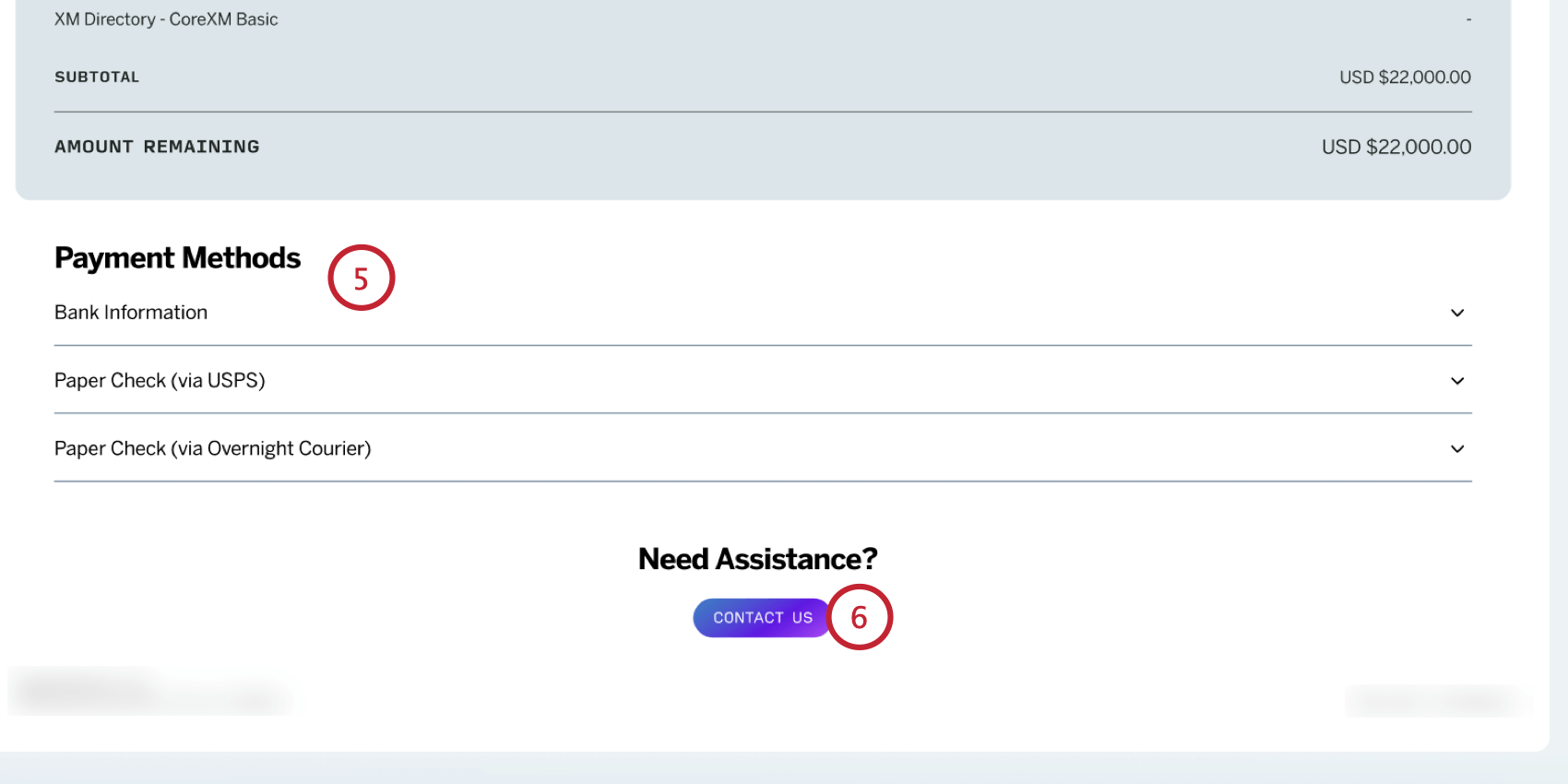 viewing payment methods and contacting the account services team, if needed